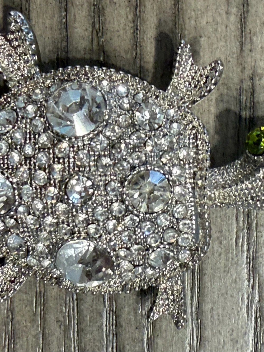 Silver Crystal Turtle  brooch- Silver with Green Accents